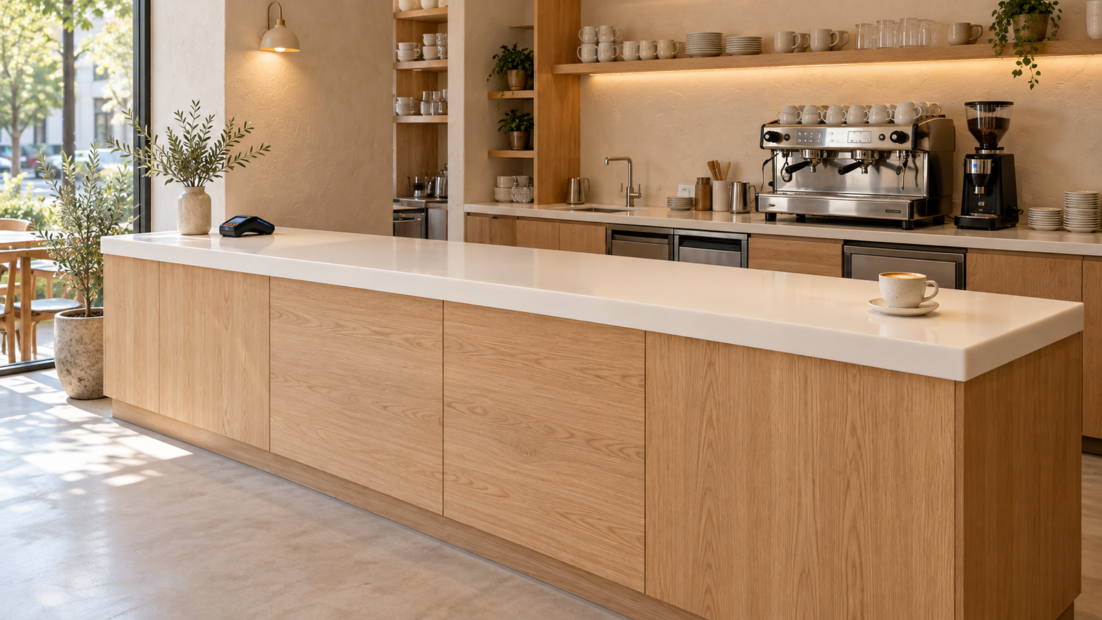 Ahşap gövdeli beyaz akrilik bar tezgahı ve arkasında espresso makinesi bulunan doğal ışıklı kafe.