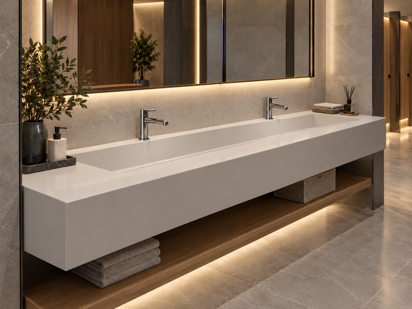 Ortak WC alanı için üç tezgâh üstü bataryalı, gizli giderli beyaz akrilik yalak lavabo tasarımı.