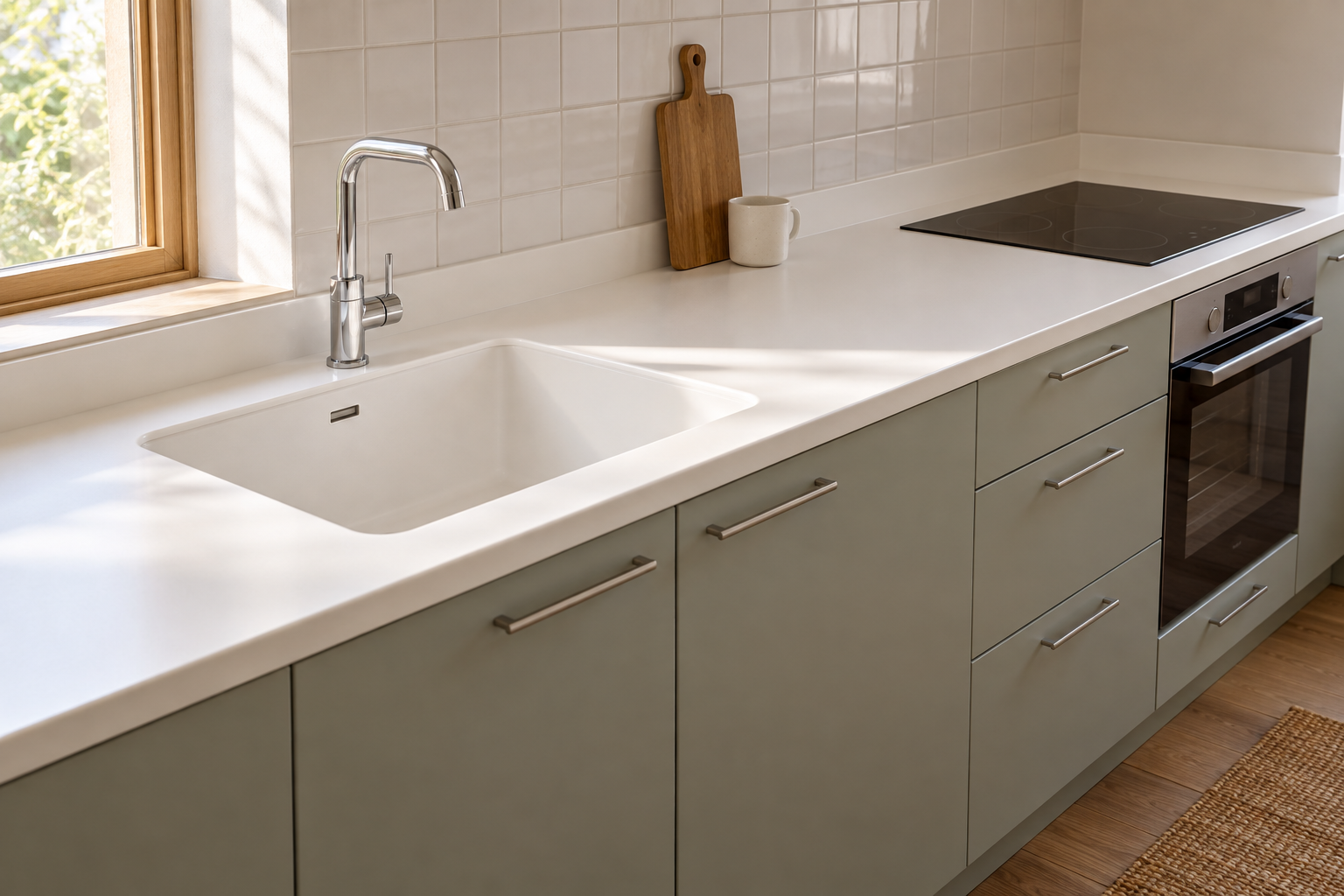 Gri yeşil dolaplar üzerinde bütünleşik tek evyeli beyaz solid surface tezgah, krom batarya ve siyah ankastre ocak.